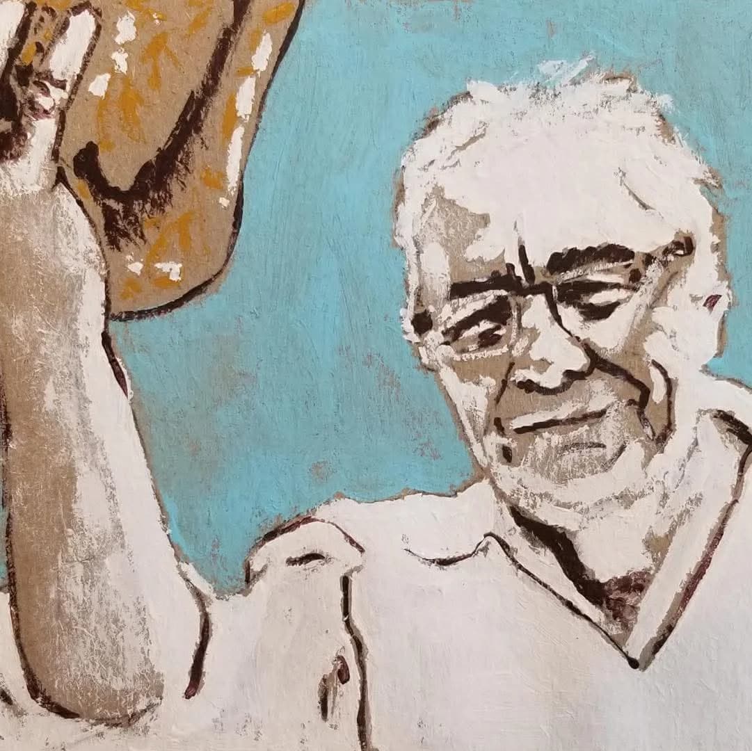 Portrait peint de FRED (Denis Fréchette) : un homme aux cheveux blancs, lunettes et chemise claire, penché sur son travail, sur fond turquoise. À gauche, la figure d'un modèle vivant.