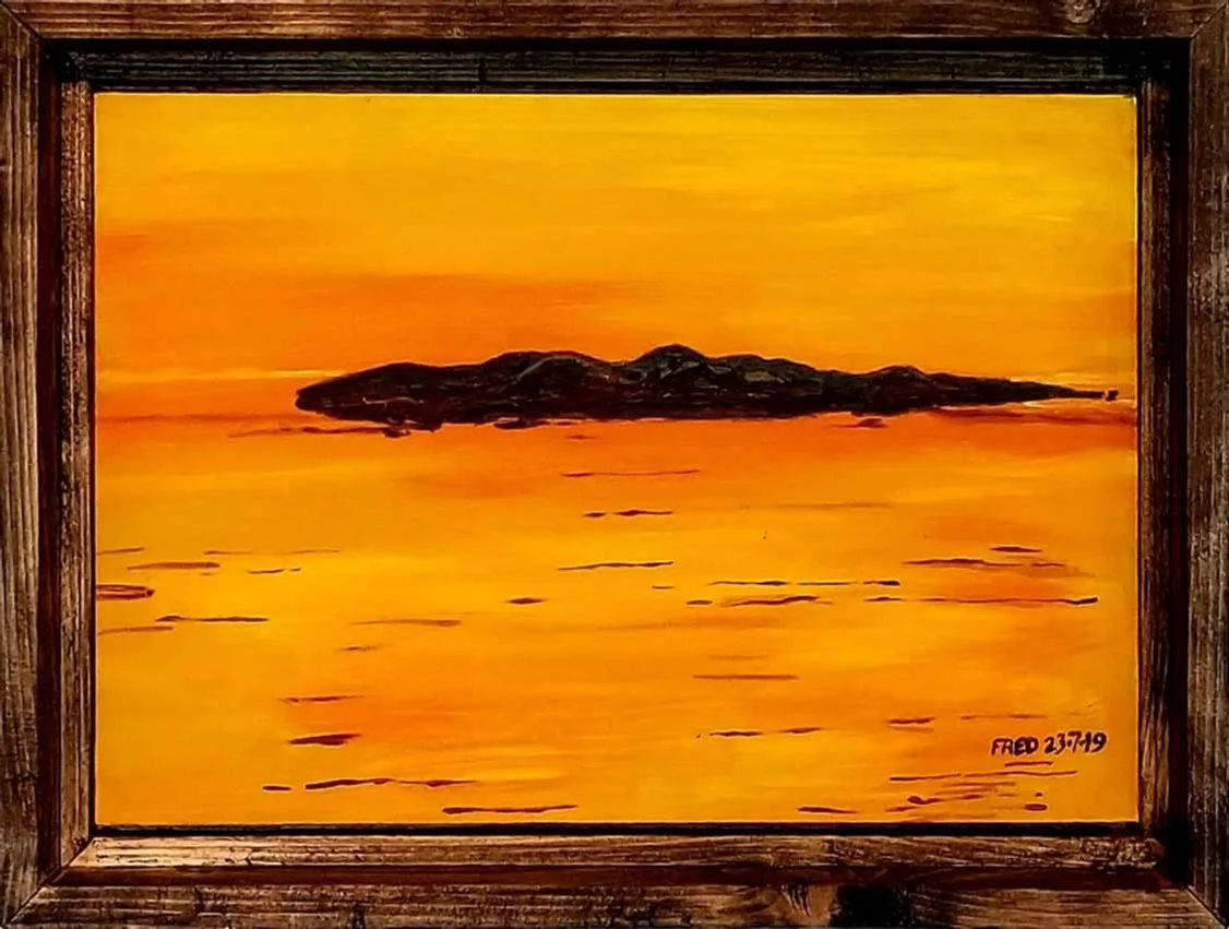Île d'Entrée orange, acrylique sur masonite, 18 × 25 cm