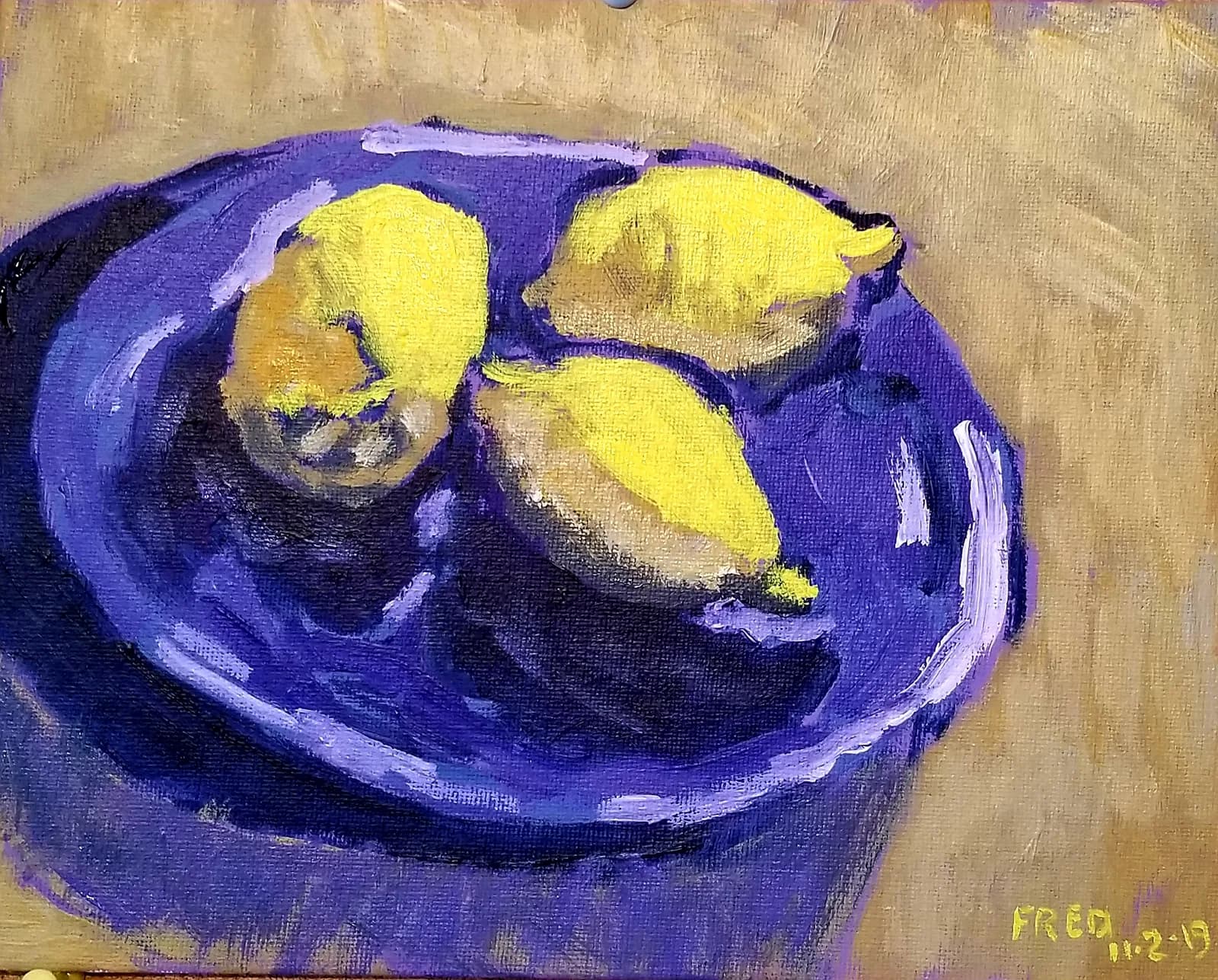 Trois citrons, acrylique sur toile cartonnée, 20,5 × 25,5 cm