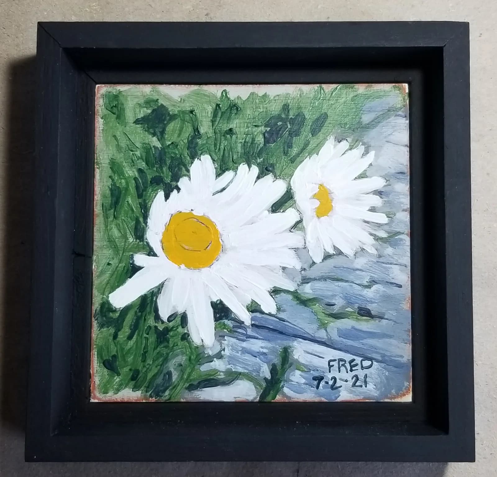 Marguerites dépeignées, acrylique sur masonite