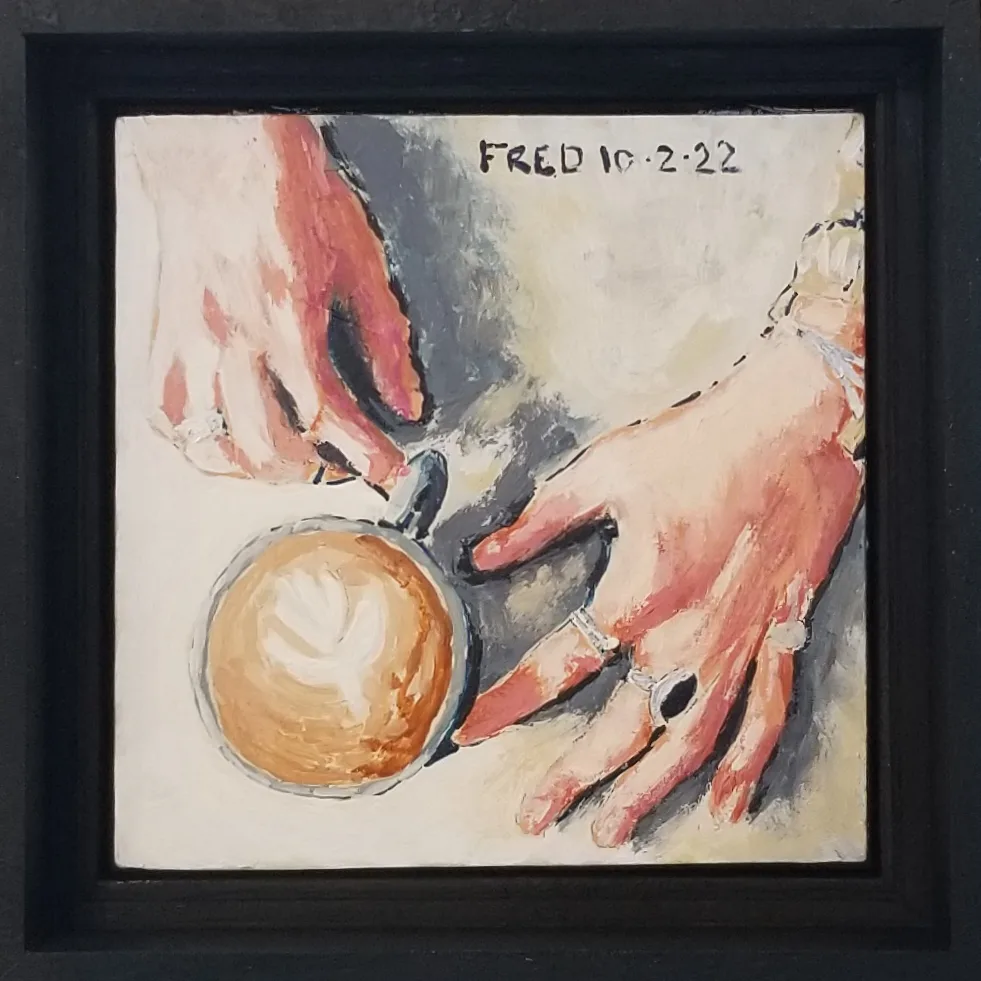 Le mani delicate della bella bariste, acrylique sur masonite