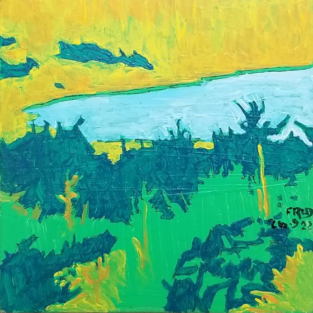 Paysage, simplification, acrylique sur masonite, 12 × 12 cm