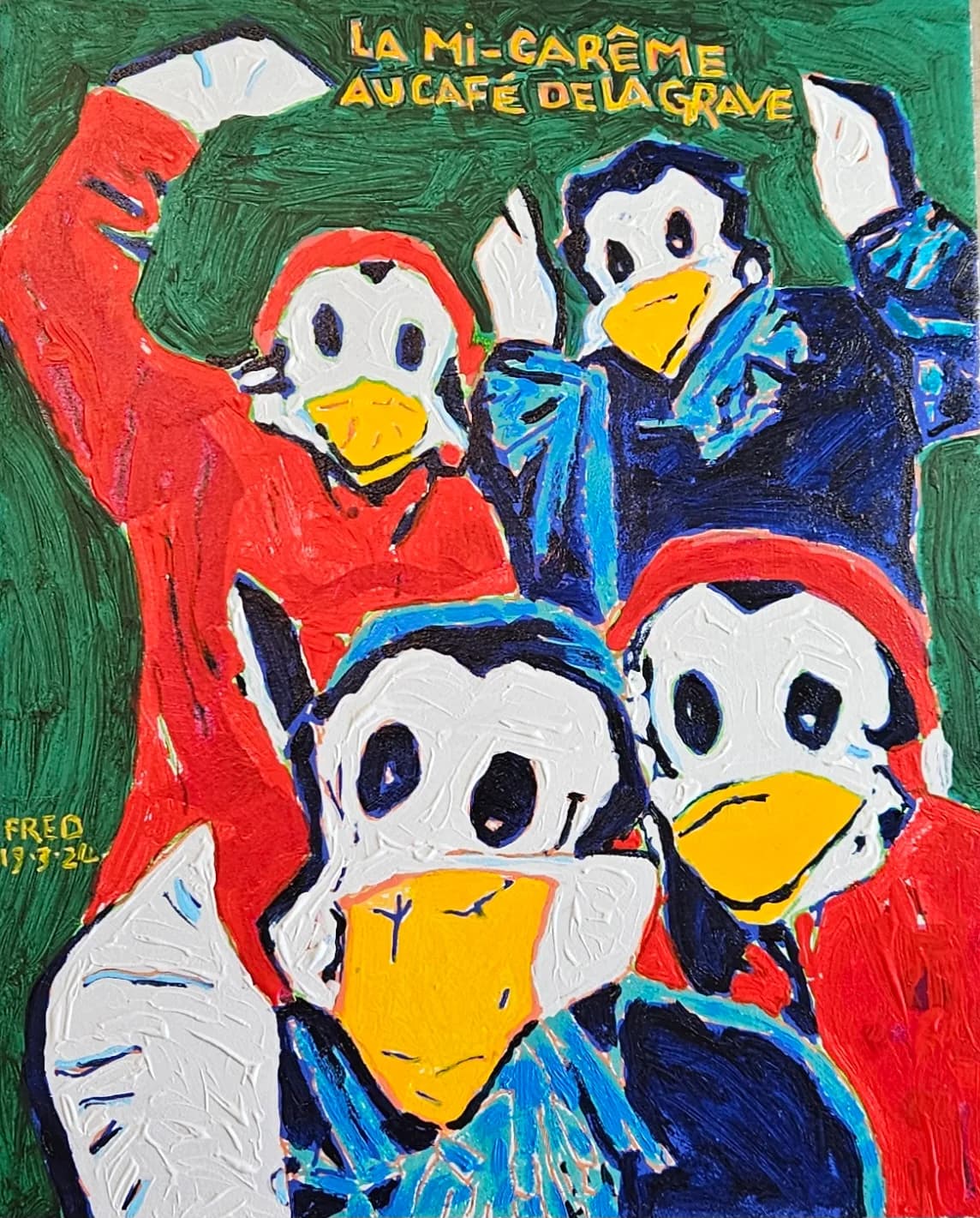 des pingouins pas vilains, acrylique sur masonite