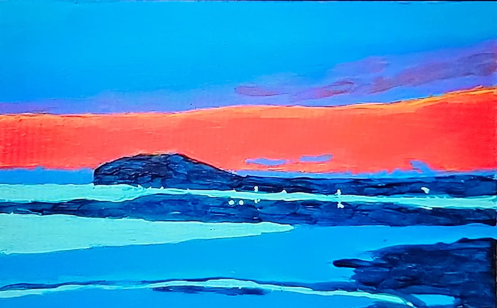 L'Île d'Entrée au couchant, ciel rouge sur mer bleue — toile de FRED (Denis Fréchette), septembre 2025. Hors catalogue.
