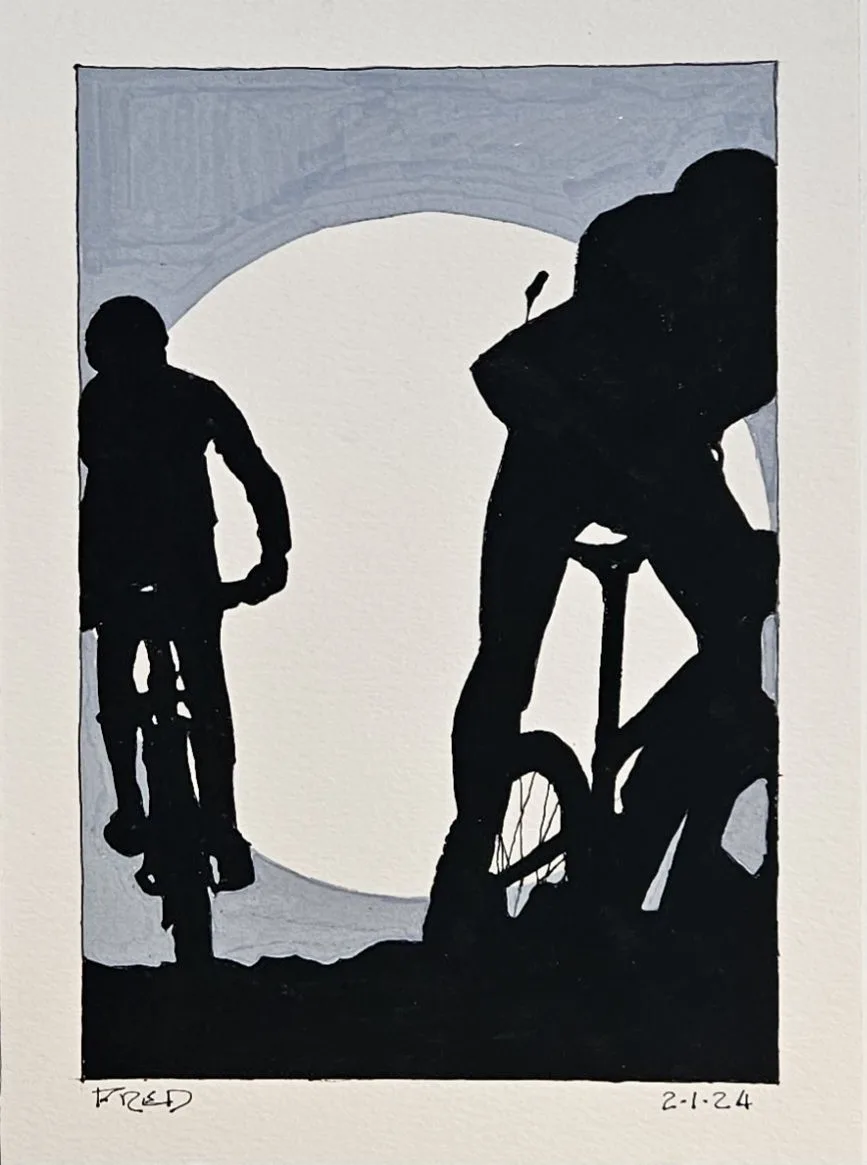 Cyclistes, acrylique sur papier, 25,5 × 17,5 cm