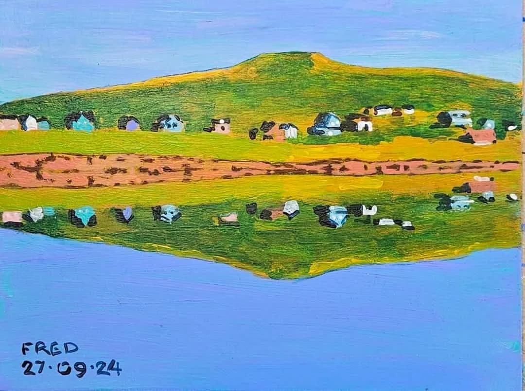 Miroir sur la petite baie, acrylique sur masonite, 15 × 19,5 cm