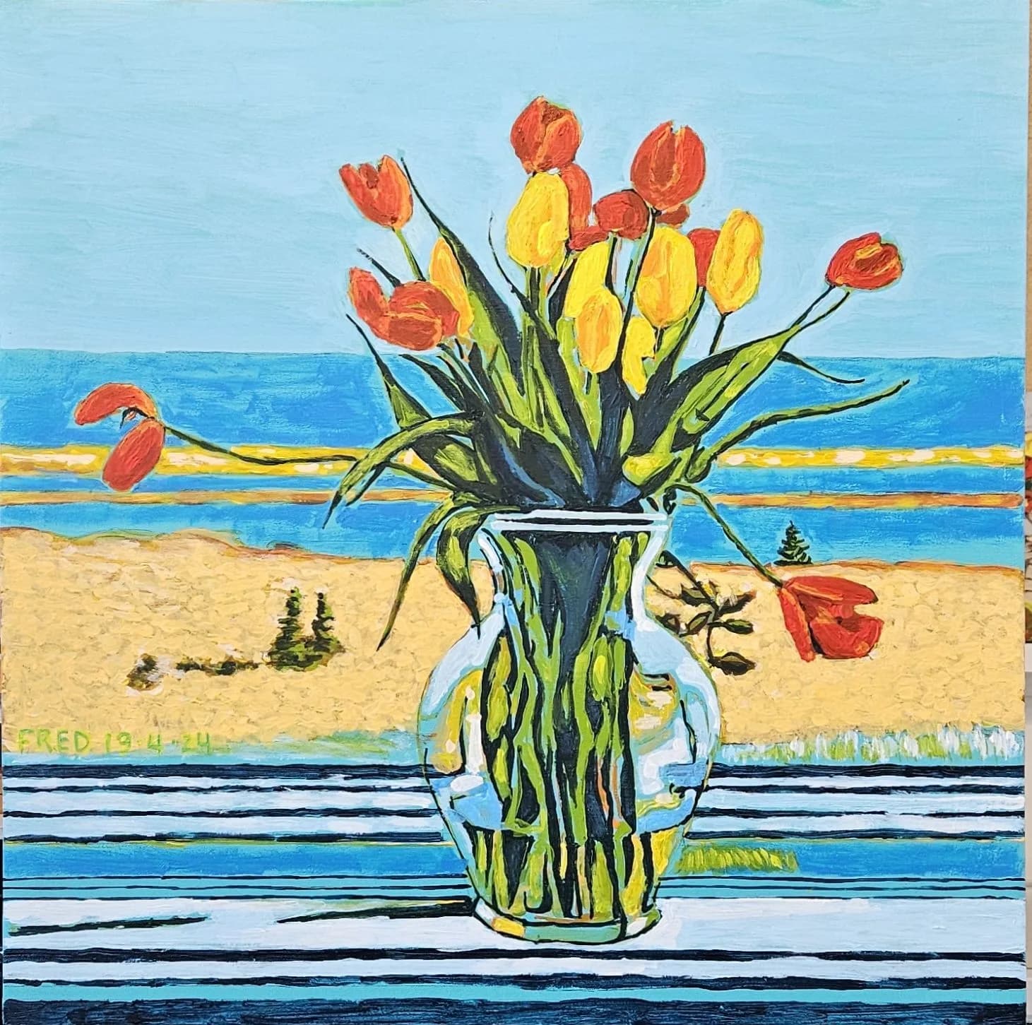 Printemps à la fenêtre, acrylique sur toile, 50 × 50 cm