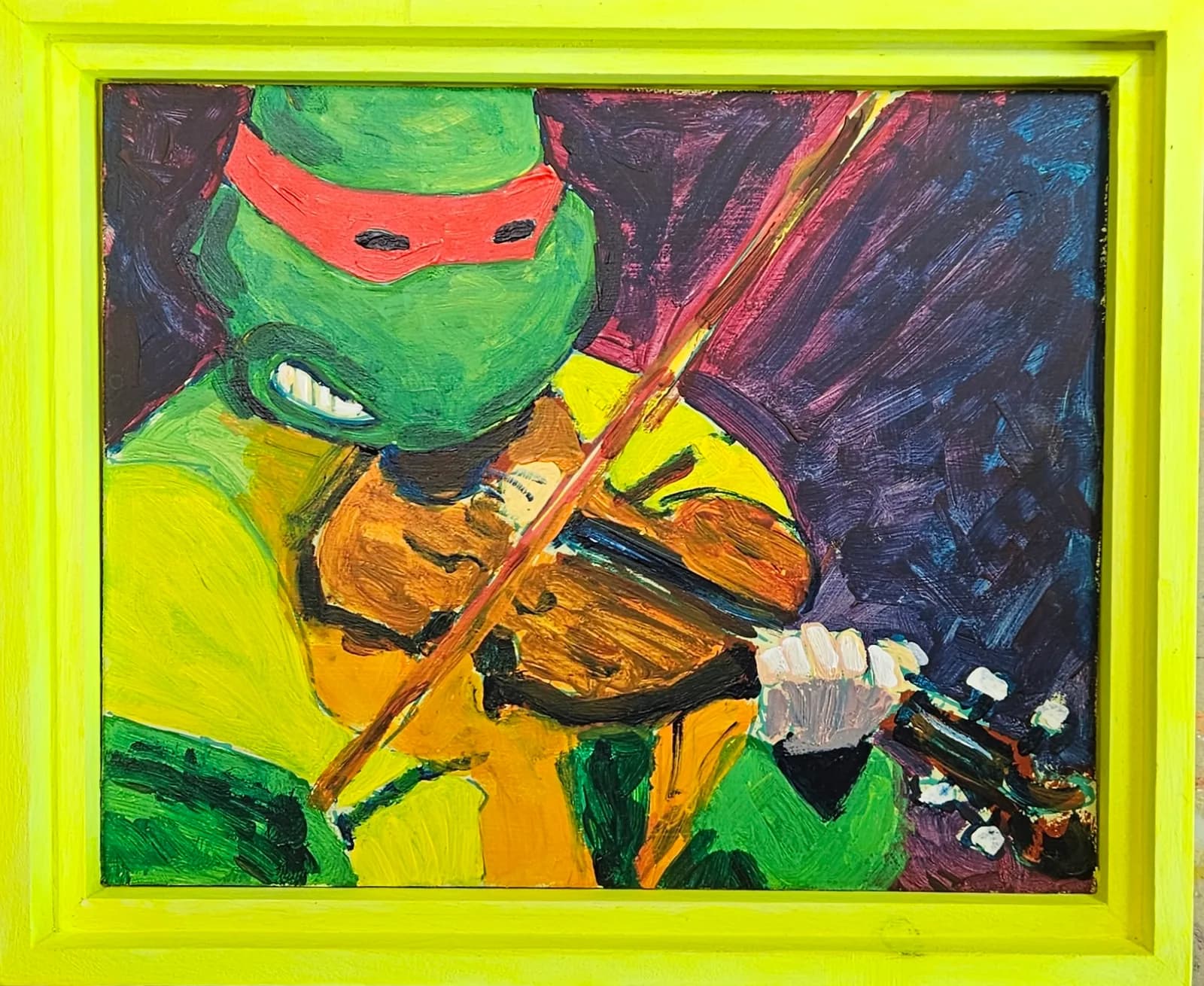 Raphael fait giguer la compagnie, acrylique sur masonite, 25 × 30 cm