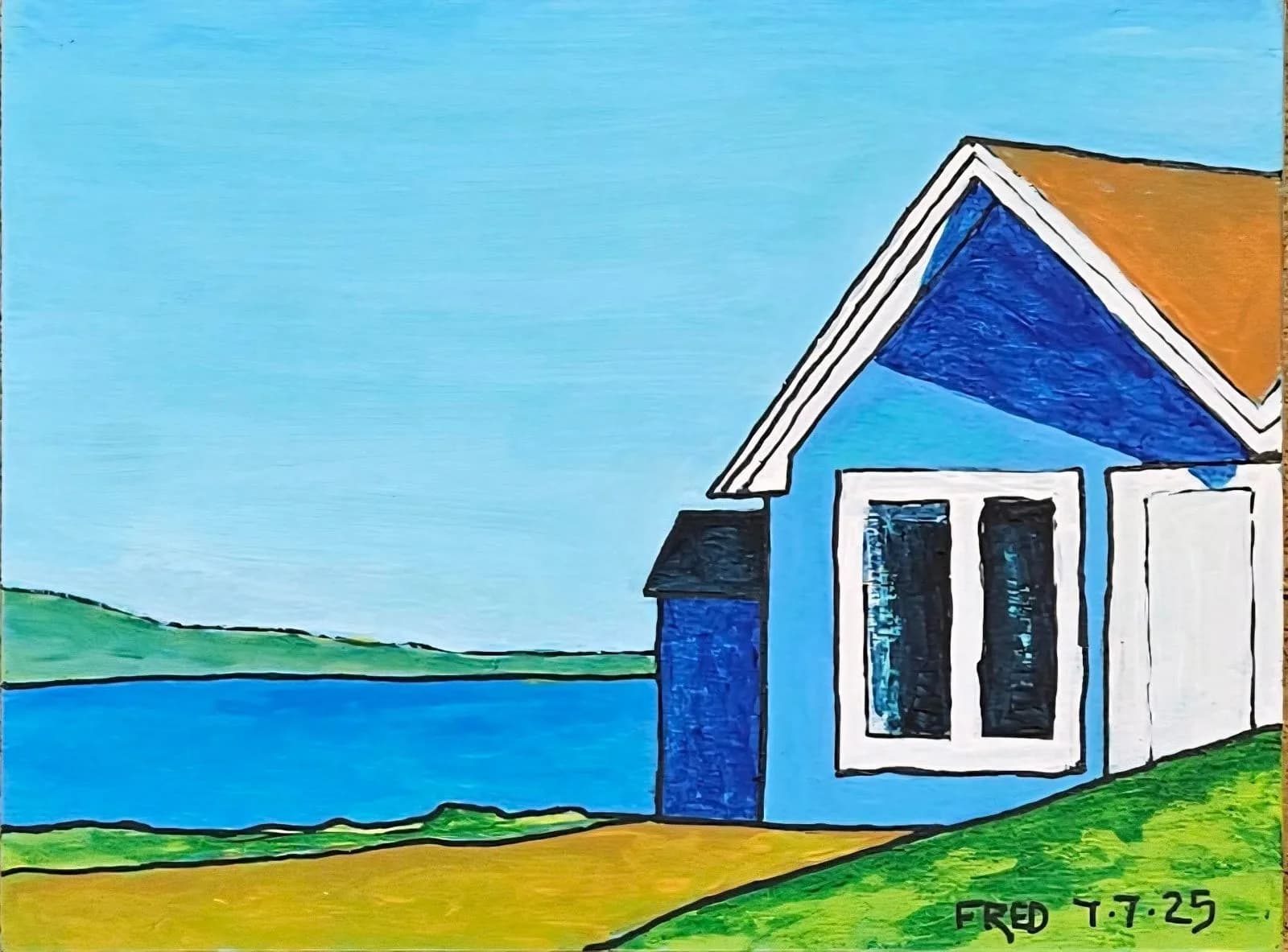 Le Motel bleu mer, acrylique sur bois, 15 × 20 cm