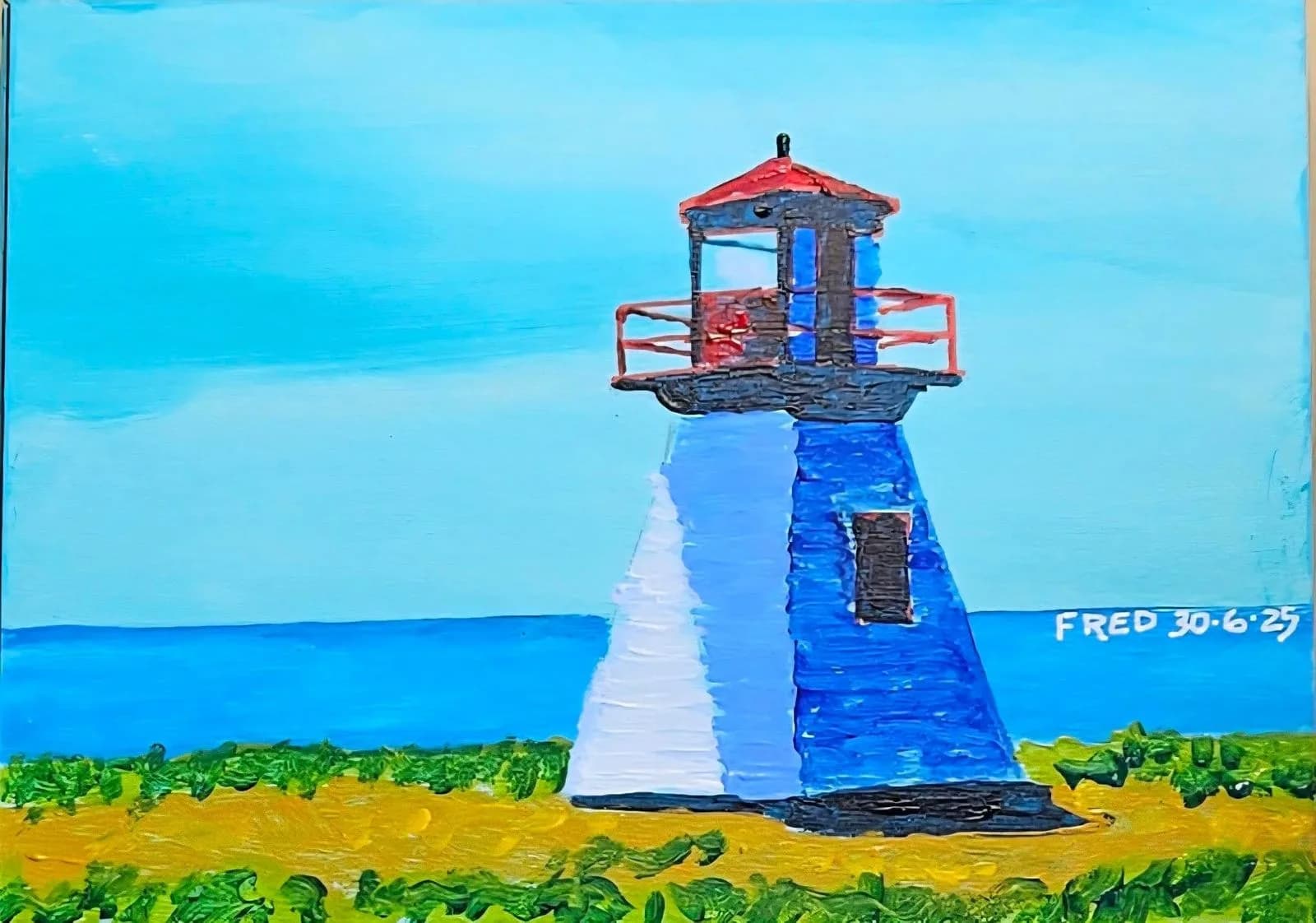 Visite au phare, acrylique sur bois, 13 × 18 cm