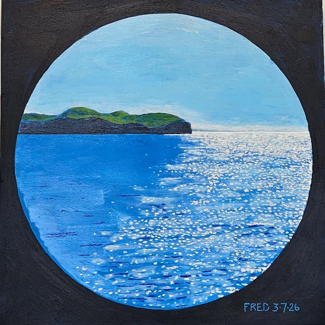 Par le hublot 2, acrylique sur bois, 51 × 51 cm