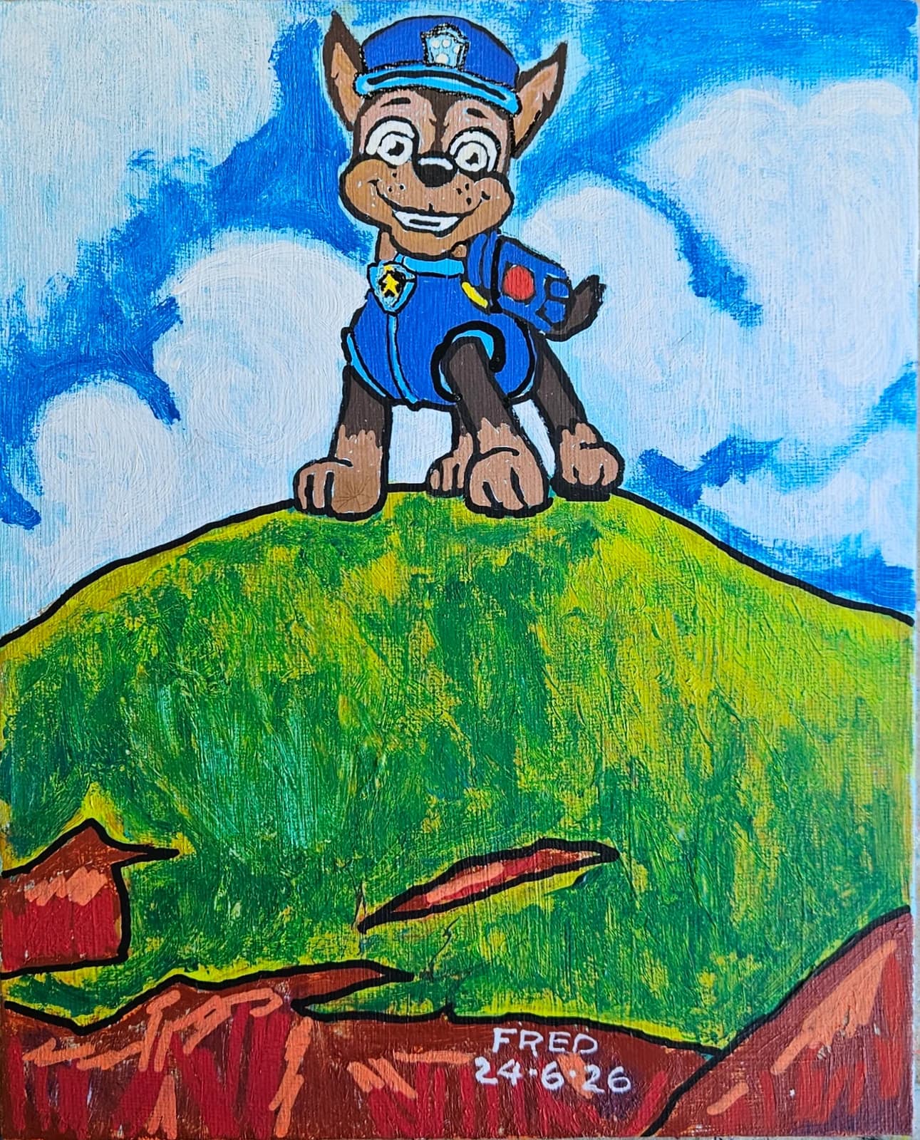 Pat Patrouille à l'Île d'Entrée, acrylique sur toile cartonnée, 25 × 20 cm