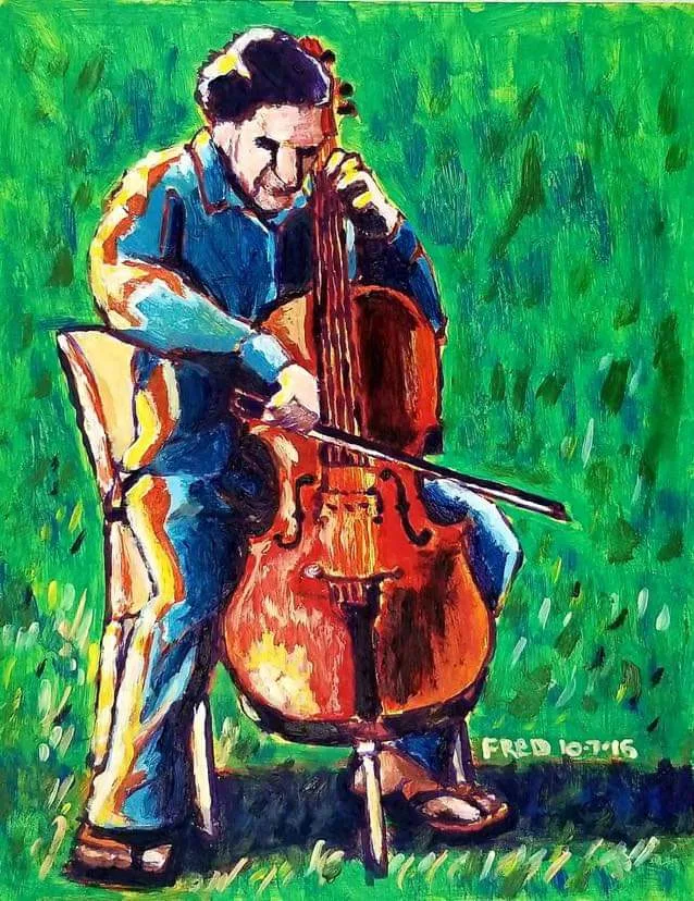 Bach au coucher de soleil, acrylique sur masonite, 25 × 20 cm