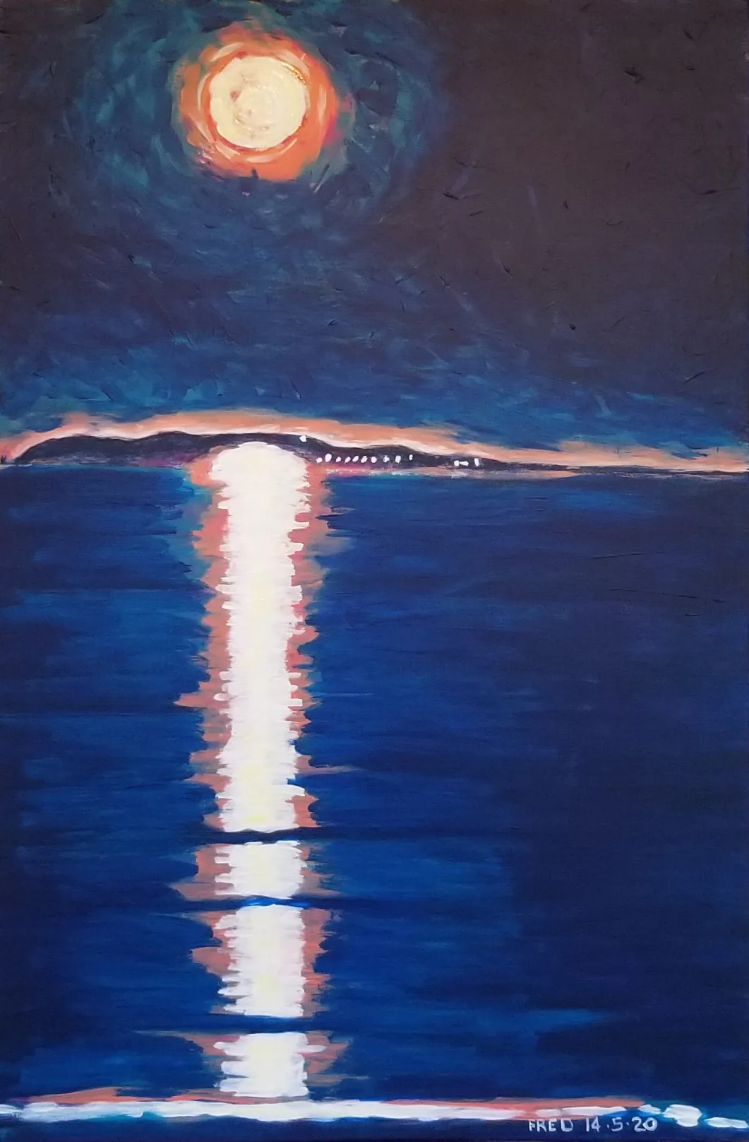 La lune rose, acrylique sur bois, 76 × 51 cm