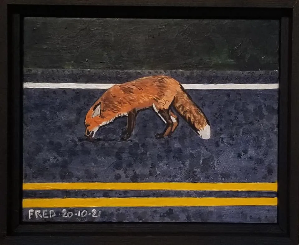 Prévisible sur la 199, acrylique sur masonite, 20 × 25 cm