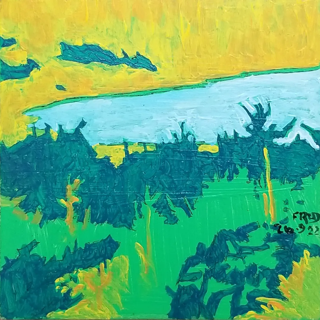 Paysage, simplification, acrylique sur masonite, 12 × 12 cm