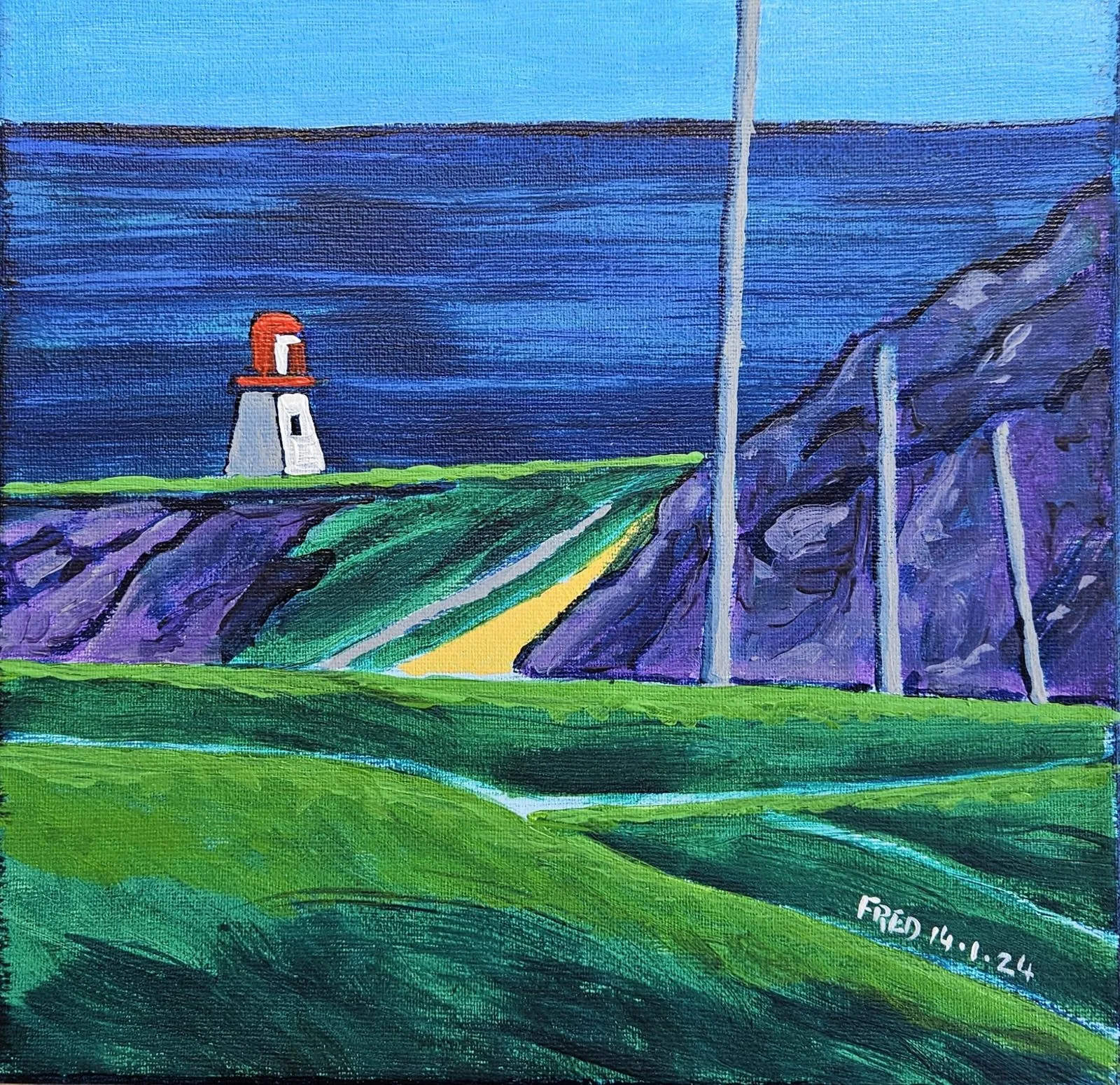 Le Phare dans les buttes, acrylique sur toile, 25 × 25 cm