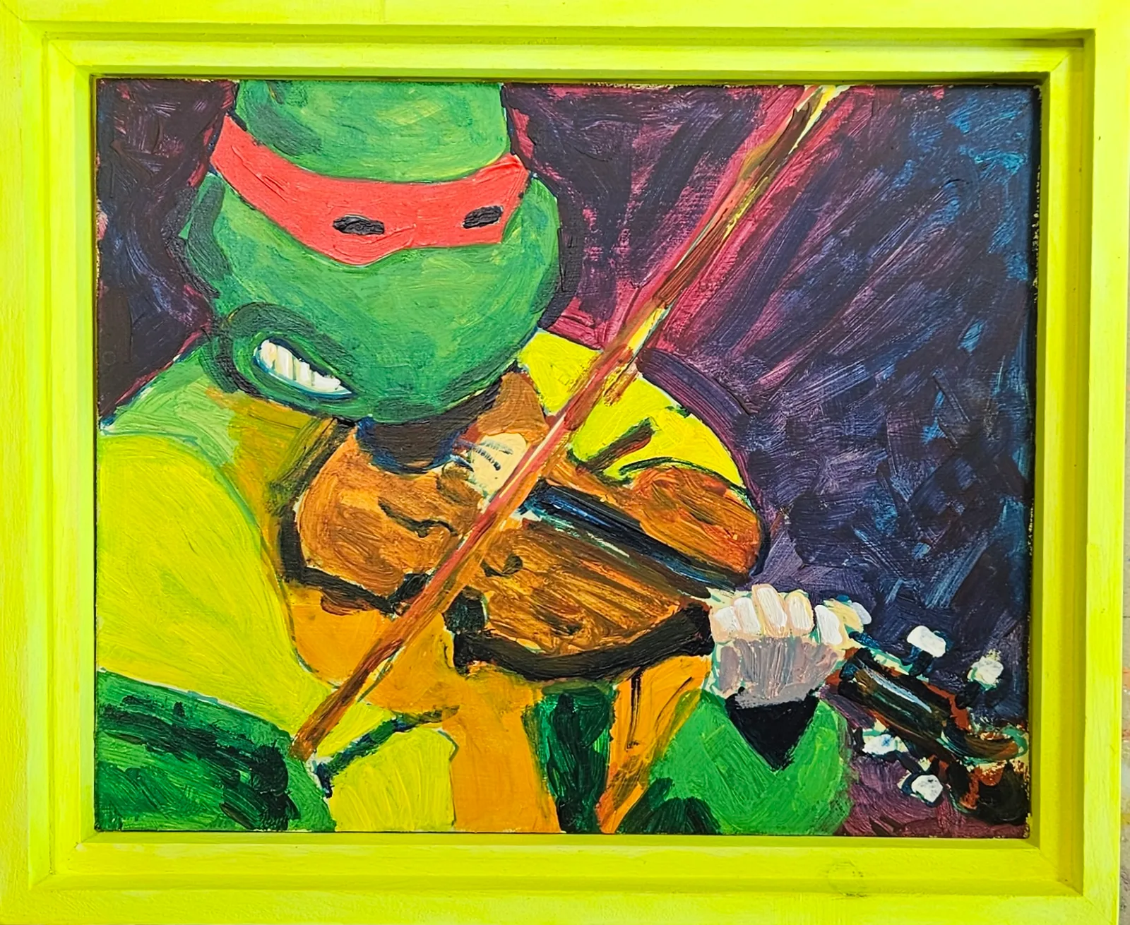 Raphael fait giguer la compagnie, acrylique sur masonite, 25 × 30 cm
